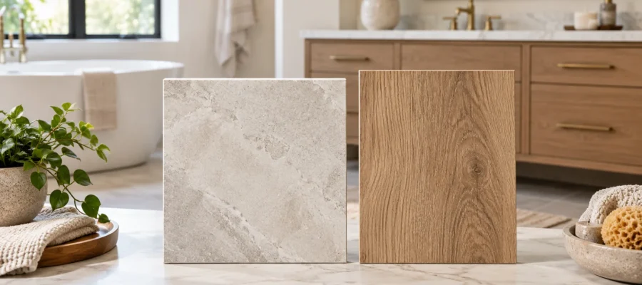Illustration of porcelain tile and wood-look vinyl samples beside a bathroom vanity