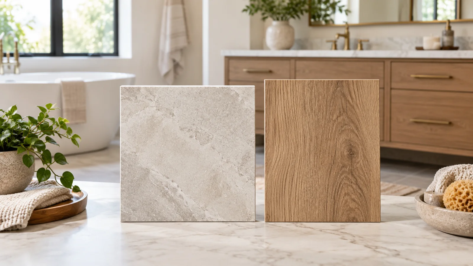 Illustration of porcelain tile and wood-look vinyl samples beside a bathroom vanity