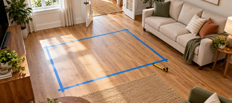 Living room illustration with a sofa footprint marked on the floor and a measuring tape