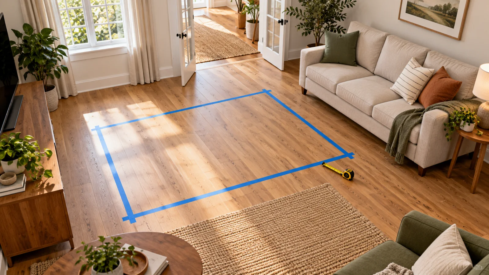 Living room illustration with a sofa footprint marked on the floor and a measuring tape
