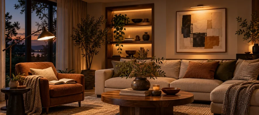 Living room illustration showing general lighting, a reading lamp and light directed at wall art