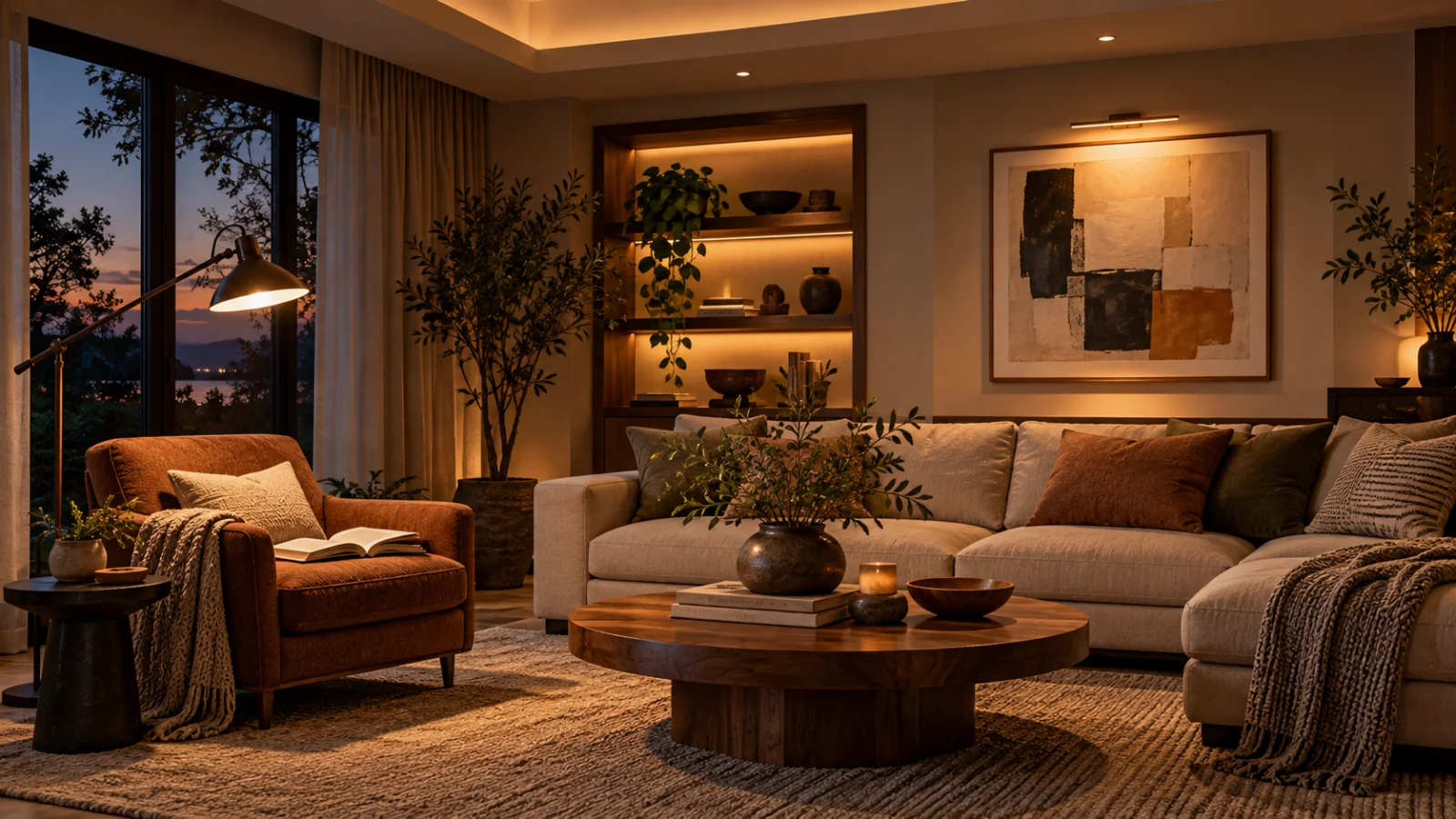 Living room illustration showing general lighting, a reading lamp and light directed at wall art
