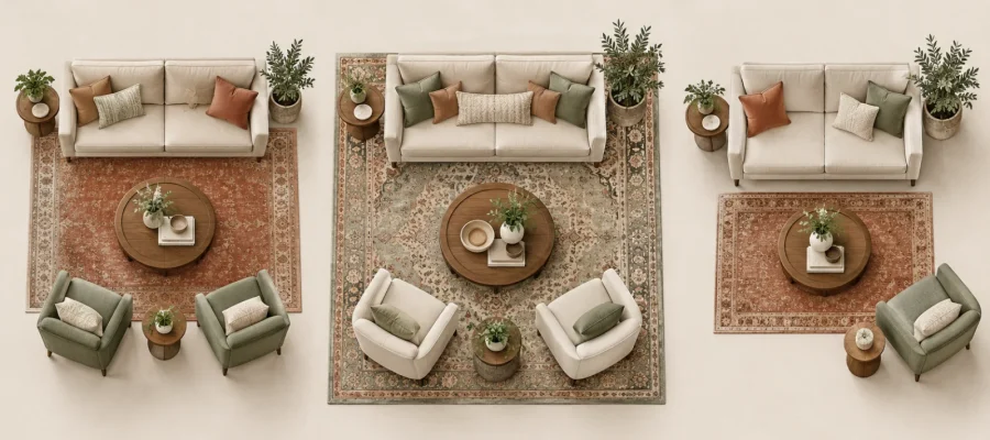 Three illustrated living room layouts showing different relationships between rugs and seating