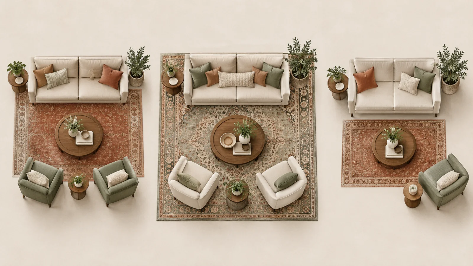 Three illustrated living room layouts showing different relationships between rugs and seating