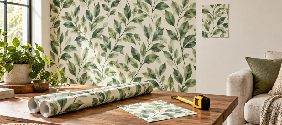 Wallpaper sample, measuring tape and rolls beside a partly covered accent wall