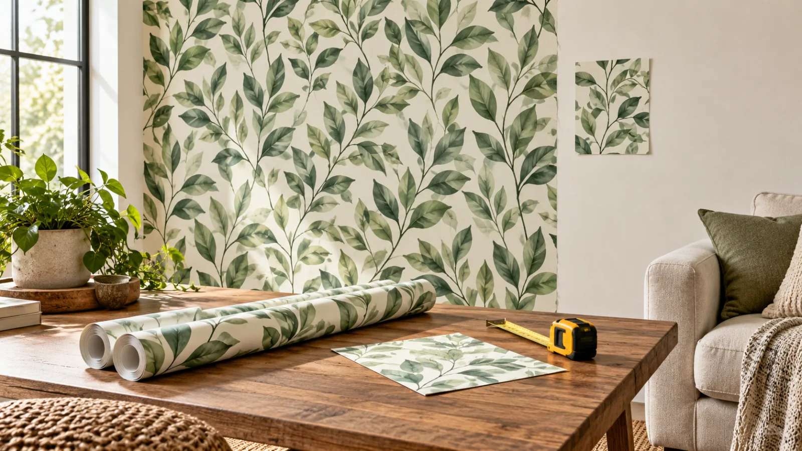 Wallpaper sample, measuring tape and rolls beside a partly covered accent wall