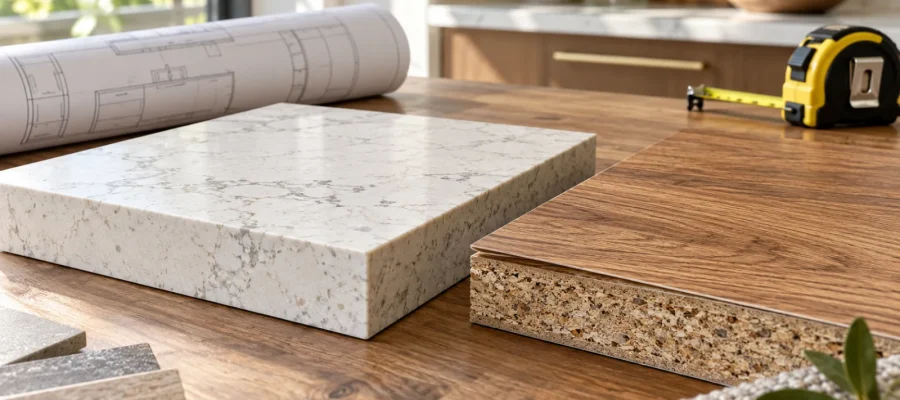 Quartz slab and wood-pattern laminate samples arranged beside an illustrated kitchen plan