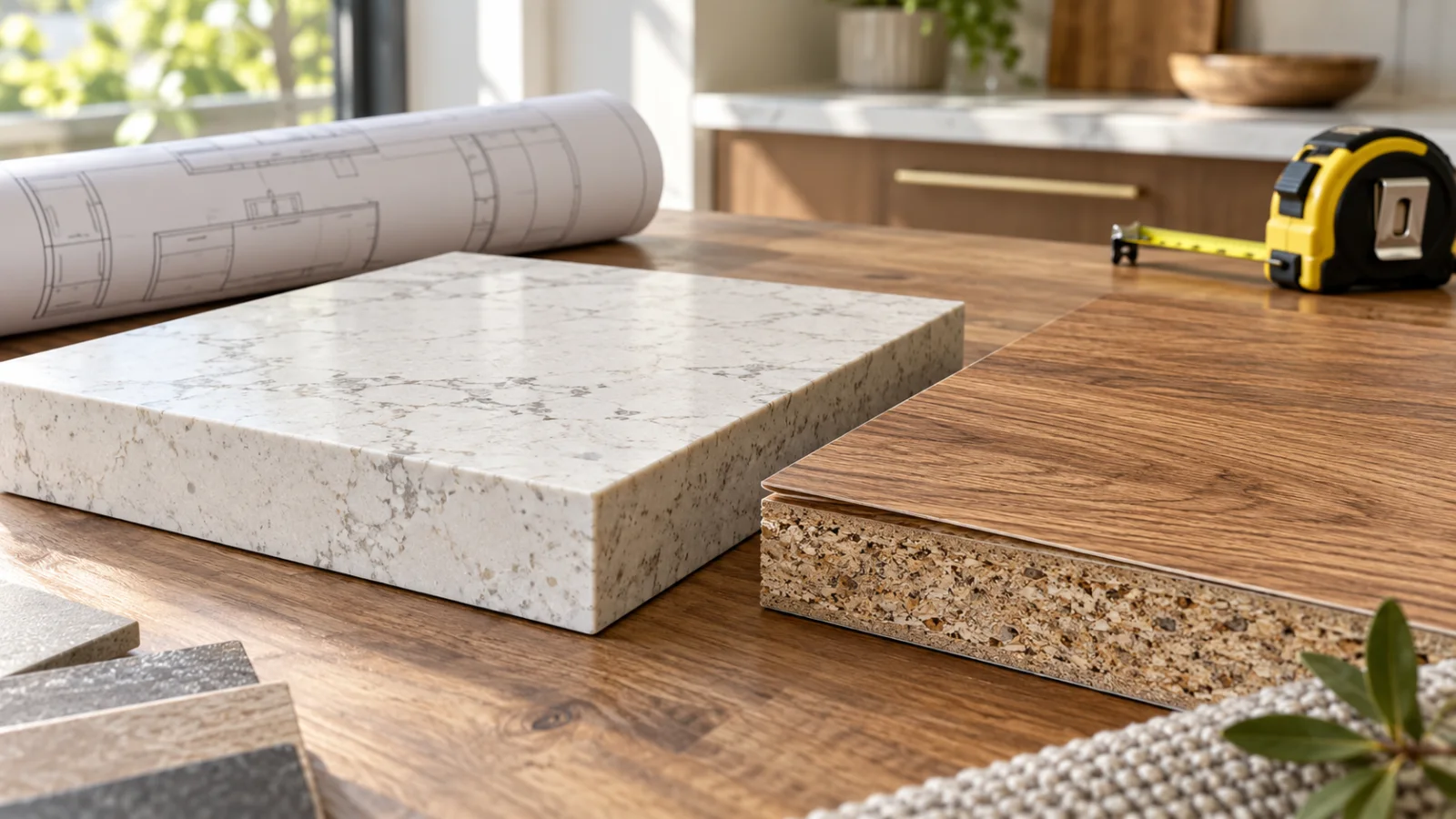 Quartz slab and wood-pattern laminate samples arranged beside an illustrated kitchen plan